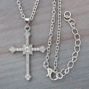 Cross with Rhinestones VIntage Style Necklace Silver Stainless Steel